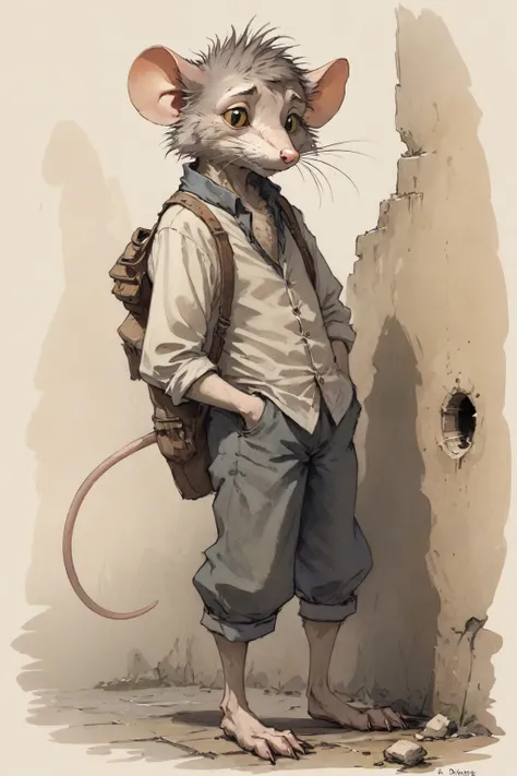 Jean-Baptiste Monge Style - A scruffy sewer rat, in the style of Redwall illustrations.