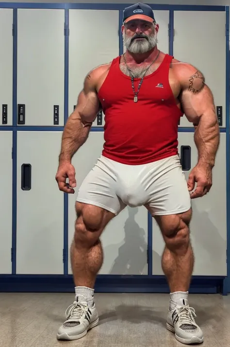 (medium_wide_shot), white man, (45yo), (silver_haired), handsome, hunk, beautiful man, beard, muscled, beefcake, hunky, sturdy, hairy, (white tank top), red_shorts, bulge, (cap with the word COACH), (coach_whistle), detailed_face, detailed_eyes, looking at...