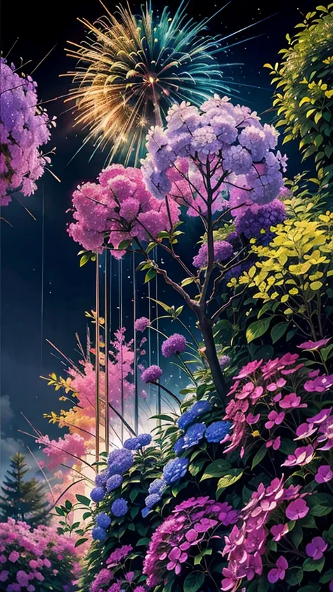 rain、hydrangea background、colorful hydrangeas、hydrangea scenery、firework、firework大会、rainbow colorsのfireworkが打ちあがっている瞬間、夜nullとともに...