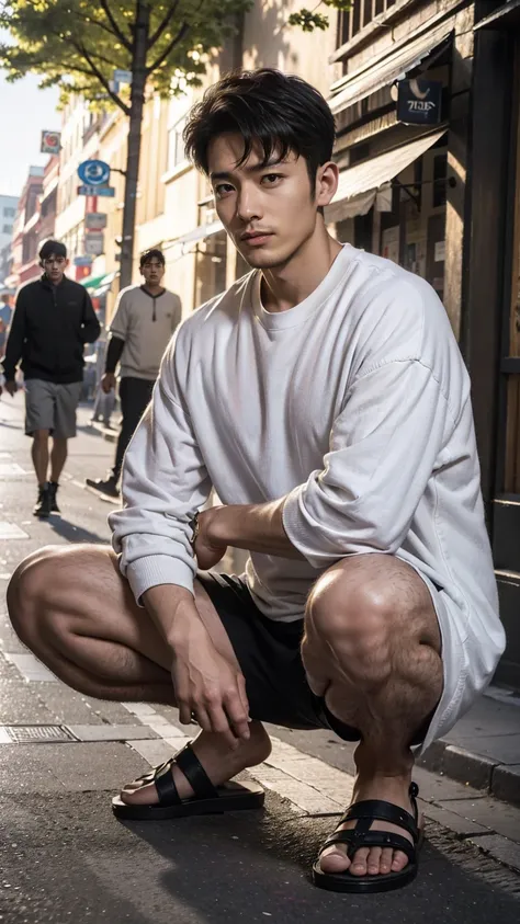 in this fascinating photo、a handsome 35-year-old chinese man with a beaming、he is wearing a white shirt, a black cardigan, grey ...