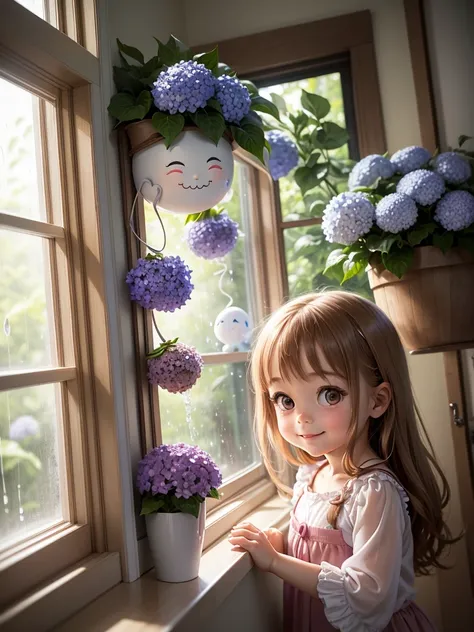 Best picture quality, fairy tale world, cute little five-year-old girl smiling happily, amazingly large shining eyes, long eyelashes, chestnut hair, , friendly and bright smile, little white "teru teru bozu" hanging from the window frame,  looking out the ...