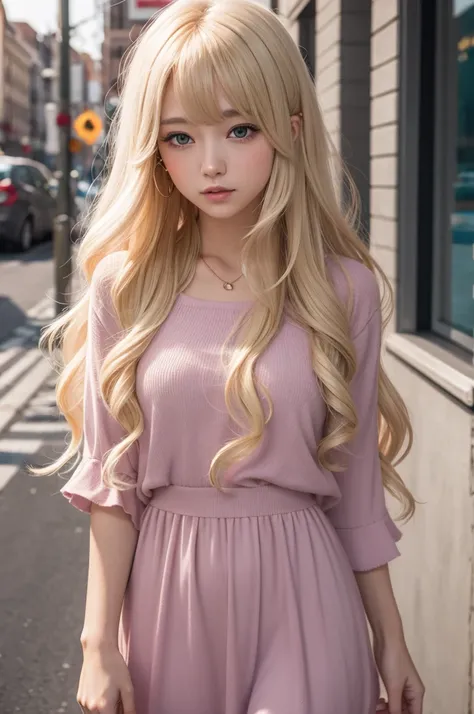 Girl with long blonde curly hair, short bangs, in a candy colored world