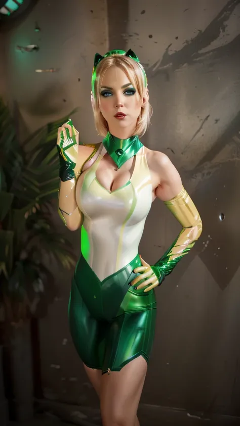 blond woman in green and white outfit posing for a picture, tatsumaki from green lantern , power girl, cory chase as an atlantea...