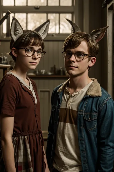 Gus from the series sweet tooth next to a girl with wolf ears and tail and glasses