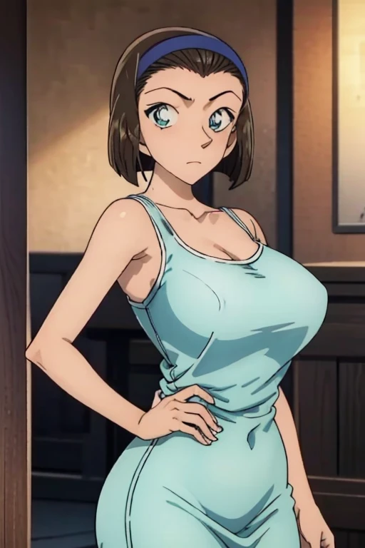 looking at the camera、When I Look at You、lookatviewer、Anime Style、Eroge、1 Girl,  (Huge breasts), (Tight white camisole dress)、Low Angle、Brown haired, hair band、Bob Hair、The forehead is visible、blush,The whole body is visible:1.5、Long skirt、stand、From the s...