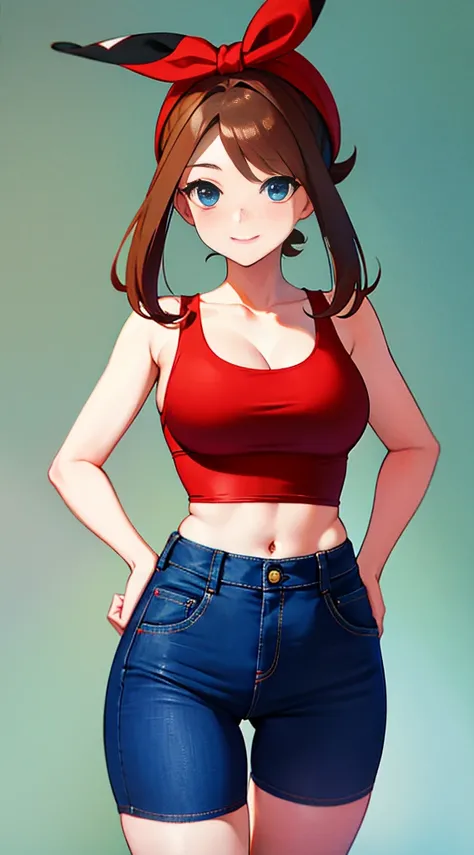 brown hair，blue eyes，short hair，Double tail，red headscarf，Red race swimsuit，Xiaoyao【Pokémon】blush，Smile，big breasts，Denim shorts，bedroom background, standing, idle