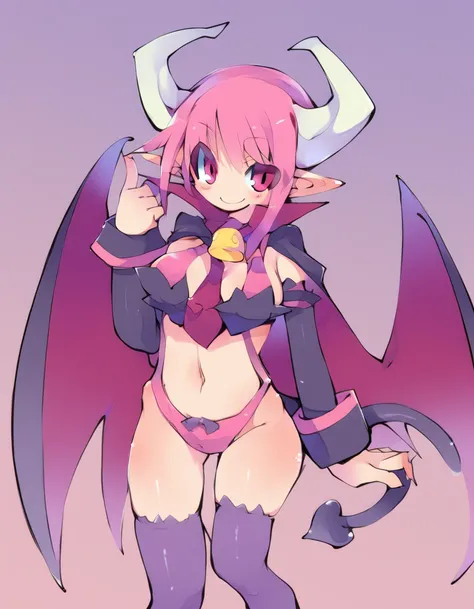 score_9,score_8_up,score_7_up BREAK {prompt},
succubusxl,pink hair,demon horns,demon tail,pointy ears,pink eyes,smiling,collared cape wings,
thigh high,detached sleeves,necktie with bell,wrist cuffs,purple strapless top,pink underwear,
underworld,night,
