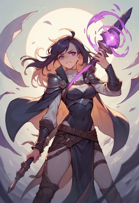 create a girl holding a weapon with purple magic around it