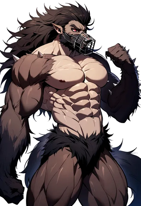 Make a dark-haired werewolf, long muzzle, red pupils, Long Tail, long and spiky hair, large breasts covered in hair, Muscular thighs covered by their hair, and six-pack abs covered by his dark hair, do her in your werewolf transformation 