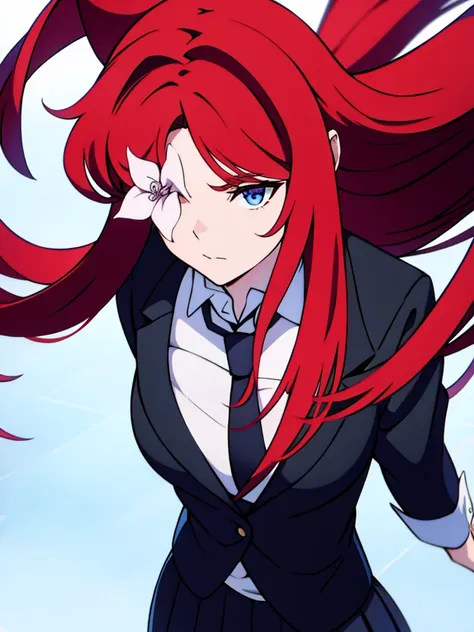 1girl ,solo,20s,mature female,red hair,long hair,fox ears,(white background),shirt,black standard tie,blue blazer,long sleeves, black pleated skirt,(upper body),FlowerOverEye