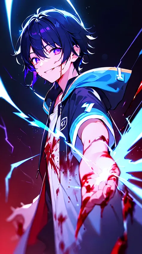 [(BLACK BACKGROUND:1.5),::5], ((((masterpiece)))), high quality, ultra very high resolution, full color, (((solo))), ((little boy)), black hair, ((blue colored inner hair)), ((purple eyes)), smile, anime, ((upper body)), neon light, black parka, (lightning...