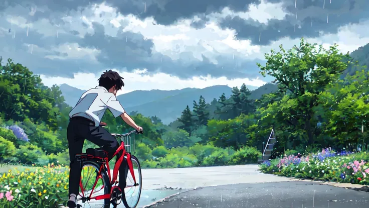 ((Highest quality)), ((masterpiece)), (detailed), Highest quality、High resolution、８K、Grey Sky、dim、male、male子学生、17 years old、soaked、bicycleを全力で漕いでいる、bicycleに乗っている、Very cloudy sky、Shower、Japan、Urban park、bicycle、White short sleeve shirt、Black trousers、bicycl...