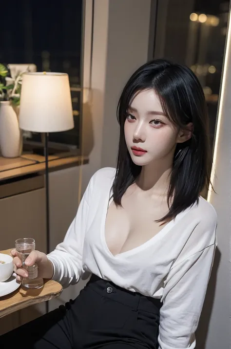 (photorealistic:1.4), raw photo, best quality, masterpiece, ultra high res,1girl,kimminjeong,detailed face,detailed eyes, (short black hair:1.1),small breast, long sleeve t-shirt,casual pants,sit at table,minimalist living room, (night0.1),、Cleavage、linger...