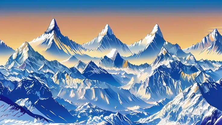 ((high resolution: 1.1))Himalayas，Snowy，The sky is magnificent。Wide panorama，high resolution、High Definition，Cool colors，Flat Wind，Minimalist illustration，Vector。((high resolution: 1.1))Illustration of a snow mountain range in the vector, using simple shap...