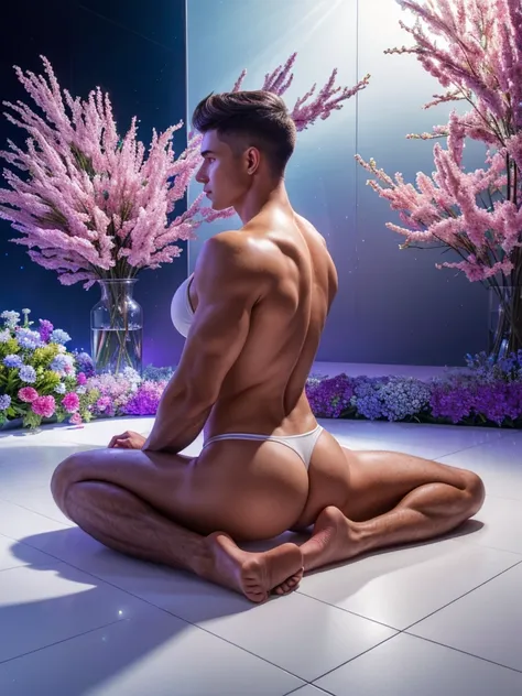 back view handsome Young man, Very good figure,short haircut,white skin,Not wearing a shirt  ,wearing bikini underware create a hyper realistic a beautiful posture completely transparent crystal anthropomorphic glass  curve filled with vibrant multicolored...