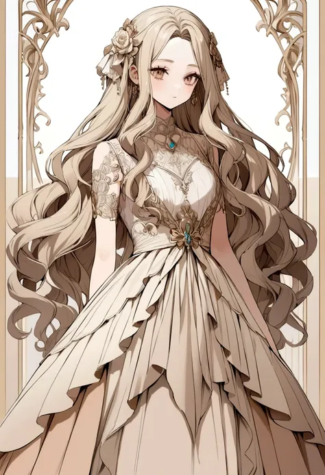 make it a beige color palette , Brown and white , make it cute and long wavy hair