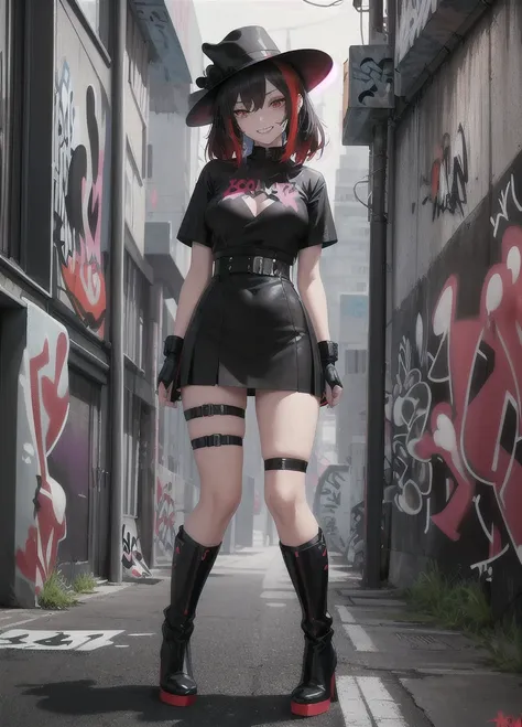 masterpiece, best quality, 1lady, solo, black hanting hat, black shirt, black mini skirt,black boots,    (graffiti:1.5), arms behind back, looking at viewer, thigh strap, paint on face, head tilt, bored, red and multicolored hair, red eyes, evil grin, (an ...