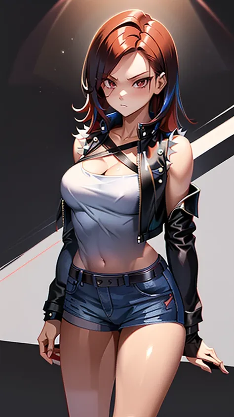 18 year old young girl, redhead with red eyes, black leather jacket, short white shirt, hot blue short jean shorts, aura around the body dark red, serious look, sexy, bristly hair, spiky hair