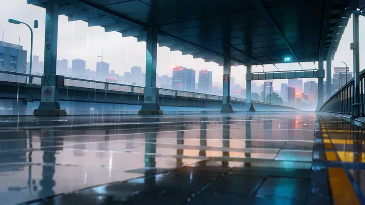 Girl on the road overpass,Early in the morning,It was just raining lightly,Clear air,Sunlight and rainwater on the road reflect off the buildings,The screen is displayed from top to bottom,Background in cool tones