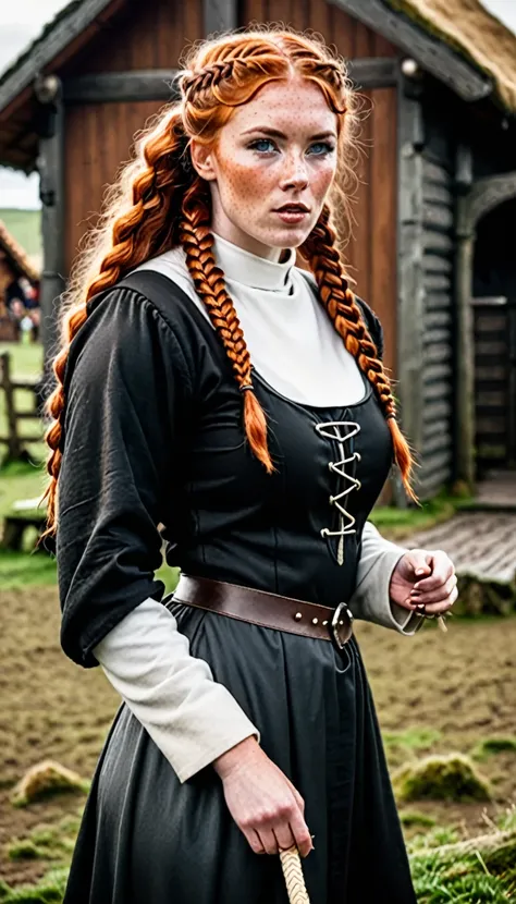 epic viking woman, curly red hair, two braids, intricate details, furs, freckles, viking clothing, medieval viking village background, black costume and one british nun on sucking the egge