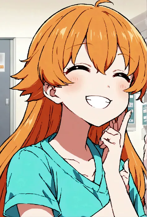 Anime fox girl orange hair, happy, smiling, radiant smile,hospital, wearing scrubs, half body portrait, doing some diet updates