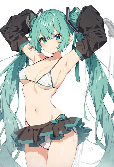  hatsune_miku commentary highres 1girl aqua_eyes aqua_hair arm_tattoo bikini bikini_skirt black_sleeves breasts detached_sleeves from_side long_hair medium_breasts simple_background skirt sleeves_past_fingers sleeves_past_wrists solo striped_bikini striped...