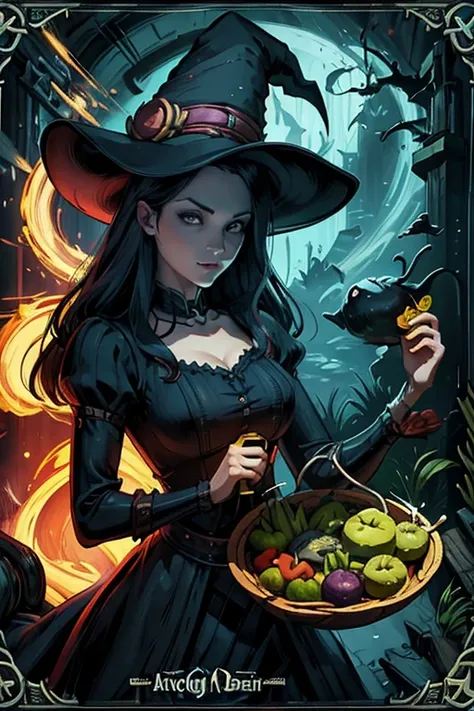 trading card of [witch brewing potion], [arte digital], [estilo cartunesco], [morgana cartoonart], [artistation], [cartoonish re...