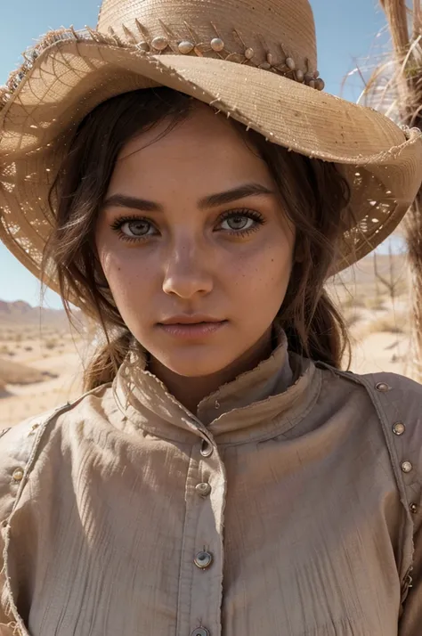 A girl in a desert, beautiful detailed eyes, beautiful detailed lips, extremely detailed eyes and face, long eyelashes, cowgirl, deserted oasis, sandy palace, desert mirage, desert wind, desert flower, desert heat, sandy landscape, ghostly atmosphere, phot...