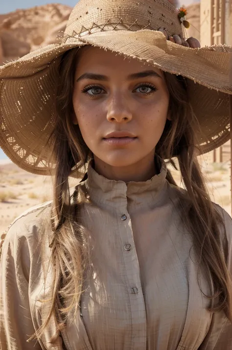 A girl in a desert, beautiful detailed eyes, beautiful detailed lips, extremely detailed eyes and face, long eyelashes, cowgirl, deserted oasis, sandy palace, desert mirage, desert wind, desert flower, desert heat, sandy landscape, ghostly atmosphere, phot...