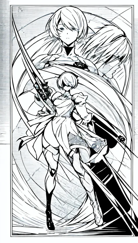 (1girl), Black and white manga, manga art style, manga lineart style, 2B (NieR:Automata), character 2B from NieR:Automata, good anatomy, masterpiece, high resolution, high res, high quality, full art panel, full body panel, full body full art panel,