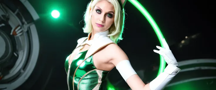 blond woman in green and white outfit posing for a picture, tatsumaki from GREEN LANTERN , Arisia Rrab, cory chase as an atlantean, publicity cosplay, riven from league of legends, as a retro futuristic heroine, dinah drake, lola bunny fanart, full-cosplay...