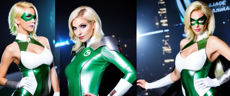 blond woman in green and white outfit posing for a picture, tatsumaki from GREEN LANTERN , Arisia Rrab, cory chase as an atlantean, publicity cosplay, riven from league of legends, as a retro futuristic heroine, dinah drake, lola bunny fanart, full-cosplay...