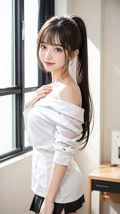 （Girl Standing In Office Changing Room）、（（Backward view））, Silver Hair, bangs, 鈍いbangs, Straight long hair, （Side Ponytail）Aqua Eye, Long eyelashes, Round eyes, compensate, Open your mouth, blush, Part your lips, Bright Eyes, Smiley, Captivating smile, Spa...