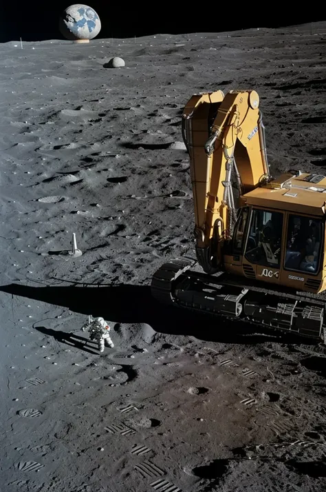 Draw an astronaut on the moon with an excavator machine, and in the background the planet earth