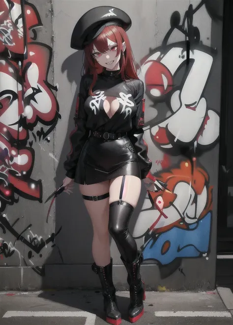 masterpiece, best quality, 1lady, solo, black hanting hat, black shirt, black mini skirt,black boots,    (graffiti:1.5), arms behind back, looking at viewer, thigh strap, paint on face, head tilt, bored, red and multicolored hair, red eyes, evil grin, (an ...