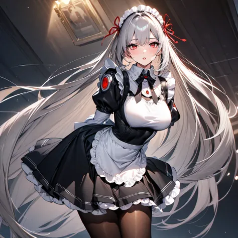 (masterpiece),(Highest quality),(Super detailed),(Best illustrations),(so beautiful), Silver Hair, Red eyes, Very long hair, pantyhose, Maid, headdress,apron, Armed