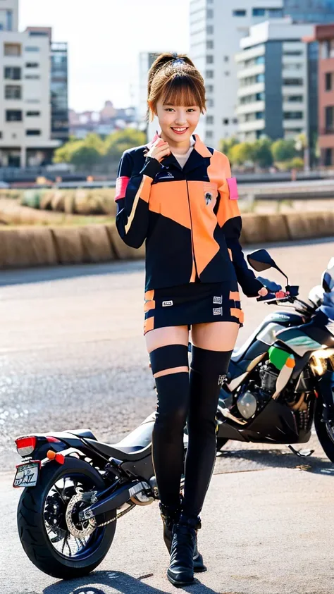 Glowing Korean beauty with cybernetic arm,(Transparent and revealing clothing:1.3, ),(Cyber Girl is、Ride your green Kawasaki Ninja 250 motorbike through a futuristic city:1.3),mini skirtを履いてバイクに跨り白いパンティが見えてます、Kawasaki Ninja 250、Showing her white panties.、 ...