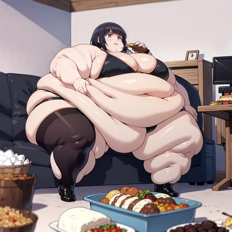 Una chica grande muy obese, ((obese)), short blue hair, black bikini, perfect body, in a room with a lot of food, very fat limbs, a big fat belly, very big breasts, very big butt