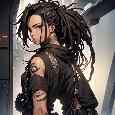 female character. short black hair with dreads. brown black eyes. His clothes are heavy and black, a more social outfit. It is in a futuristic setting. Below the eyes he has tattoos, like paintings.