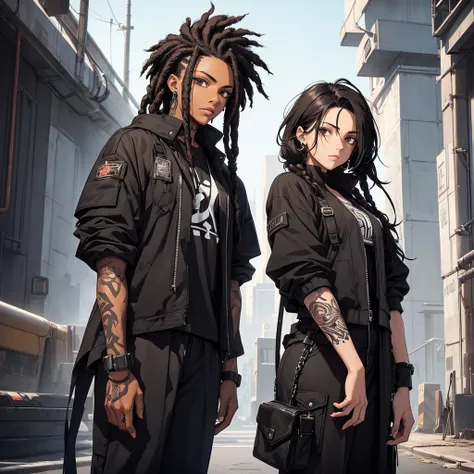 female character. short black hair with dreads. brown black eyes. His clothes are heavy and black, a more social outfit. It is in a futuristic setting. Below the eyes he has tattoos, like paintings.