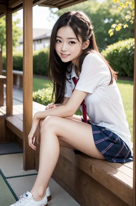 Pure Japanese school girl, natural body, beautiful legs, wearing loose casual uniforms, natural hair styles, sweet smile, sitting relaxed mood, sweet temptation, sexual attractive, refreshing in early summer morning, professional portrait photography, 