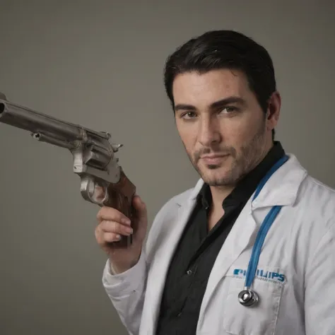 treavor philips wearing doctor outfit and holding a gun