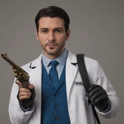 treavor philips wearing doctor outfit and holding a gun