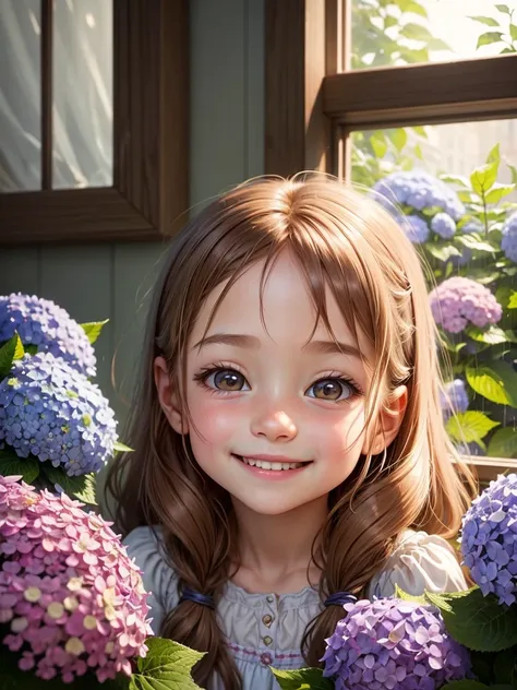 The best picture quality, a fairy tale world, an adorable little five-year-old girl smiling happily, startlingly large shining eyes, long eyelashes, chestnut hair, , friendly and bright smile, hydrangeas blooming outside the window in the pouring rain,