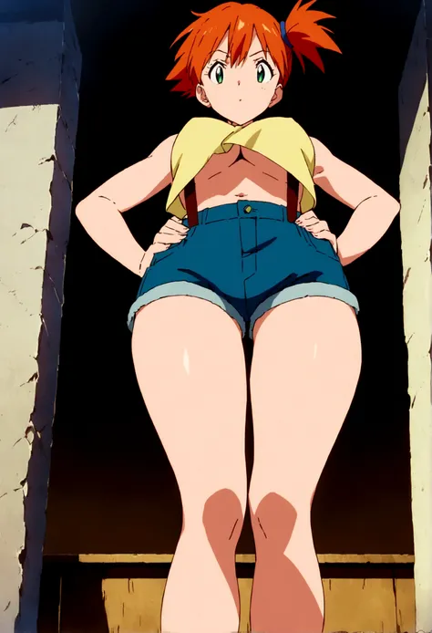 score_9,score_8, score_7_.superior,from below,  (Insects Eye).straight-on,  (mature) , (outcome), One girl, , , Outdoor, Green Eyes, Orange Hair, Side Ponytail, Yellow Shirt, Sleeveless shirt,belly button, Denim shorts, suspenders,  Captivating look, Seduc...