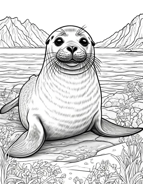 seal, white background, 5-6 year olds will love this coloring book,