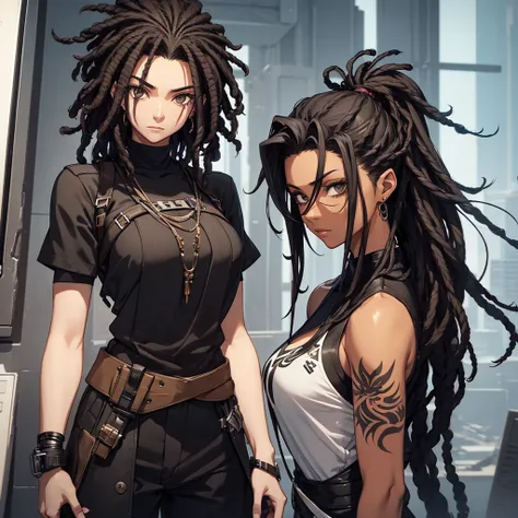 female character. short black hair with dreads. brown black eyes. His clothes are heavy and black, a more social outfit. It is in a futuristic setting. Below the eyes he has tattoos, like paintings.