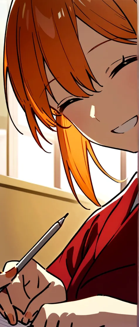 Anime fox girl orange hair, happy, smiling,,hospital, wearing maroon scrubs, half body portrait, writing something, UHD, ultra detailed 