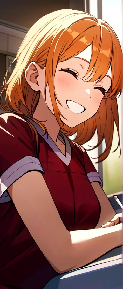 Anime fox girl orange hair, happy, smiling,,hospital, wearing maroon scrubs, half body portrait, writing something, UHD, ultra detailed 