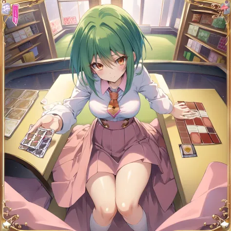 best quality, masterpiece, highres, detailed, perfect anatomy,  TokohaV,  pink skirt, white shirt, tie, card shop, orange eyes, green hair,  playing cards, playing yugioh,  high-waist skirt,